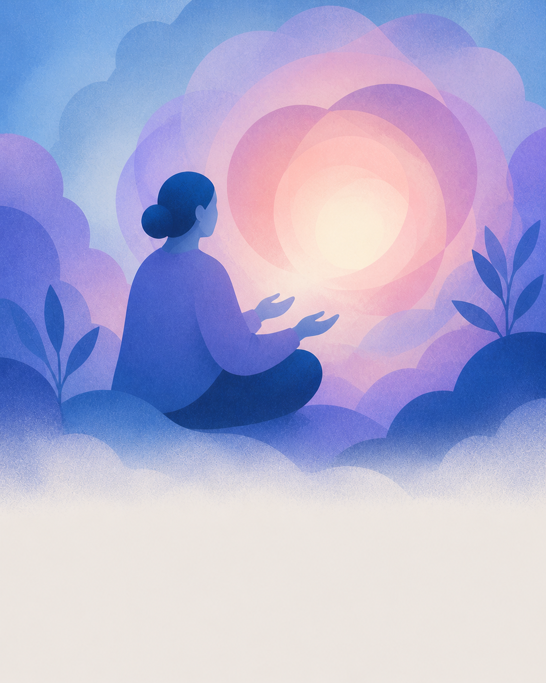 An illustration of a person praying in soft blue and pink light